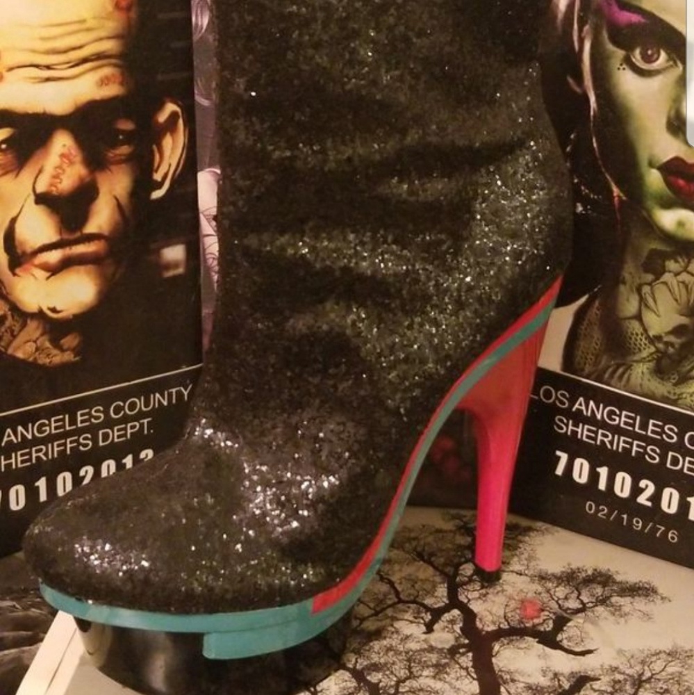 FRH. Blk Sequin booties. Platform stiletto heels.